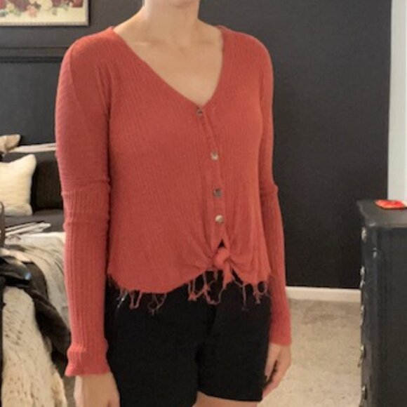 Deep Coral Pink Long Sleeve Henly Blouse with Fringe Hem - Picture 1 of 4